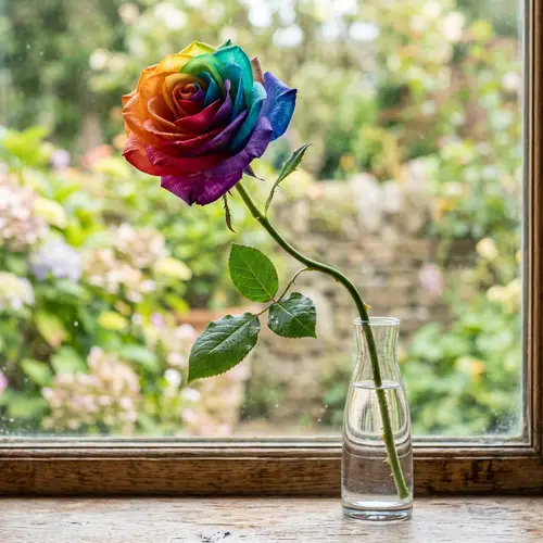 Rainbow Colored Rose with Long Curved Stem