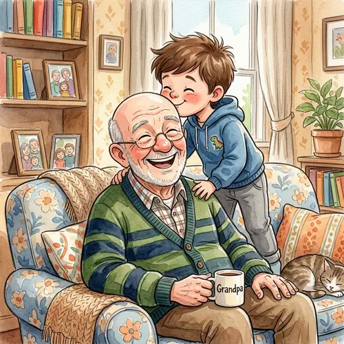 Heartwarming Grandpa and Grandson Moment in Watercolor