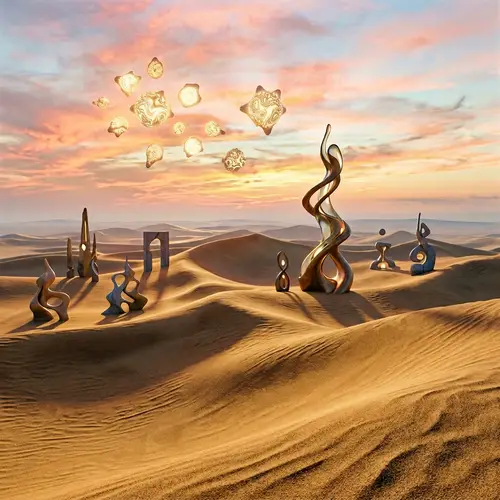 Abstract Desert Landscape: Surreal Sand Dunes and Sculptures
