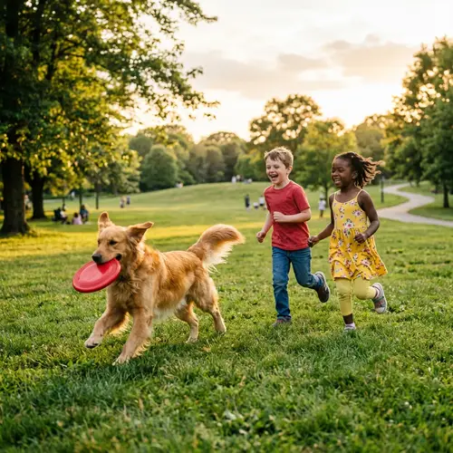 Heartwarming Park Scene with Golden Retriever Fetching Frisbee