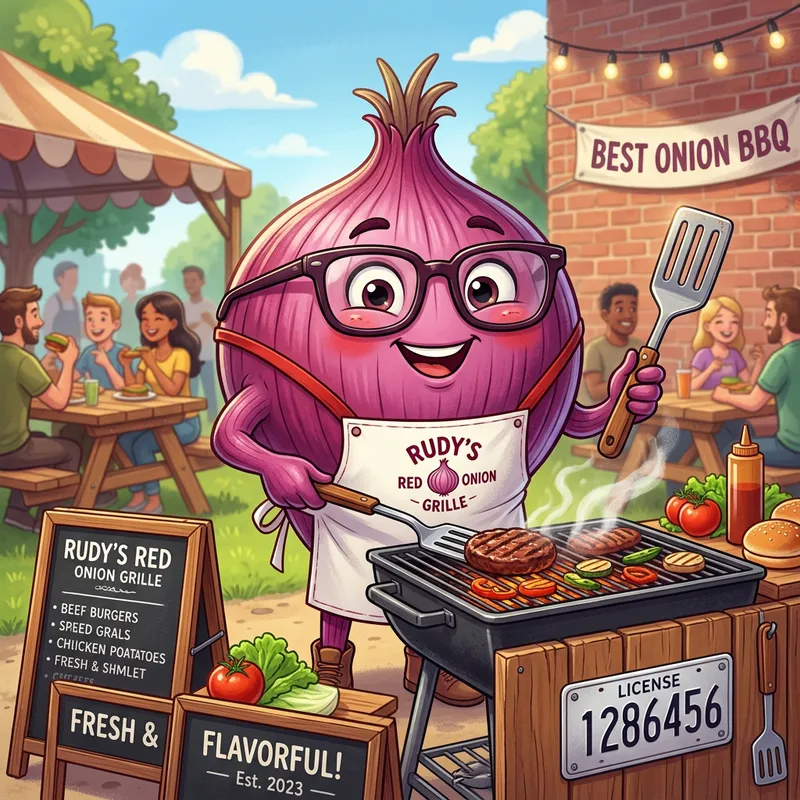 Fun Red Onion Mascot with Spatula for Cooking Fun Red Onion Mascot with Spatula for Cooking