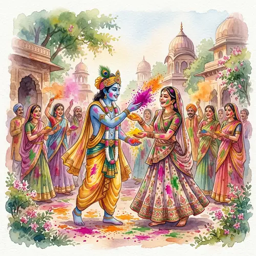 Lord Krishna & Radha Celebrate Holi in Vrindaban - Traditional Art