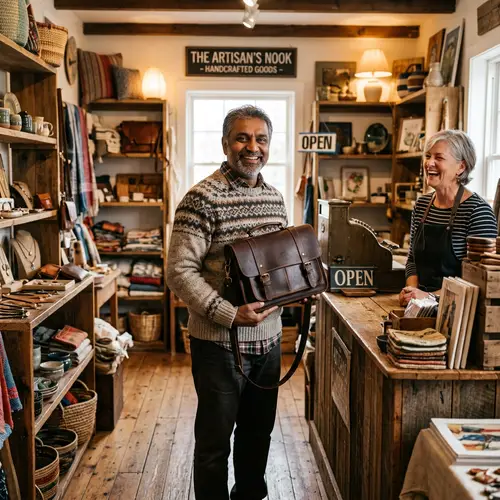 Happy Customer in Artisanal Shop | Quality Leather Bag Purchase