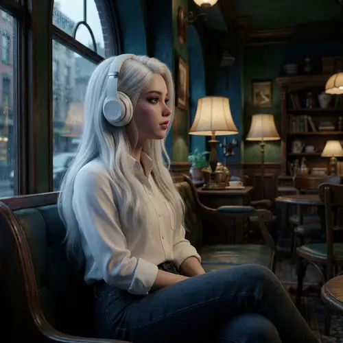 Hyper-Realistic 8K Image of Beautiful 18-Year-Old Girl in Café