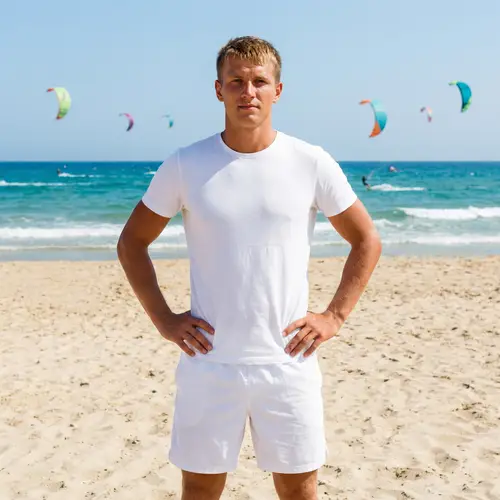 Athletic Slavic Man on Sandy Beach – T-Shirt Mockup