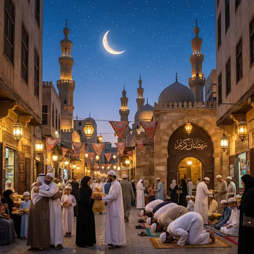 Spirit of Ramadan Kareem: Crescent Moon & Cityscape Scene