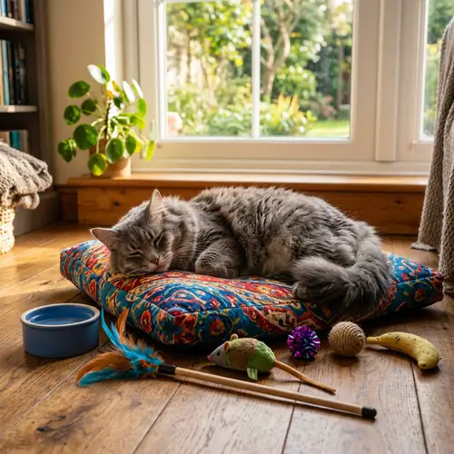 Fluffy Gray Domestic Cat Lounging on Plush Cushion