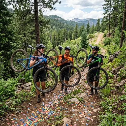Colorful Trail: Multicultural Trio in Nature with Mountain Bikes