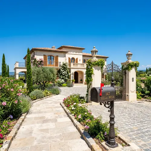 Grand Villa with Mailbox Under Sunny Blue Sky