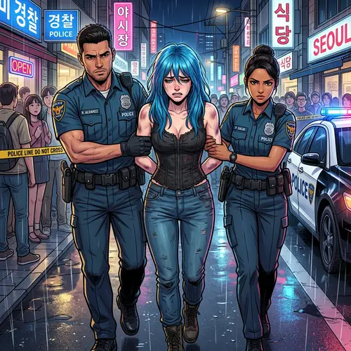 Blue Haired Woman Arrested - Manhwa Style Image