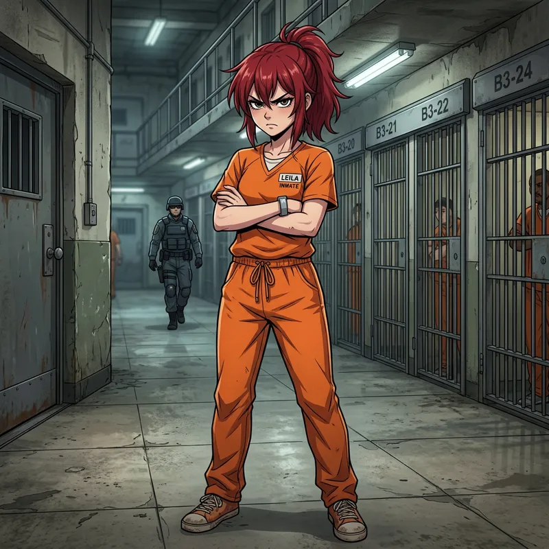 Emotive Scarlet-Haired Female Inmate 'Leila' Anime Art