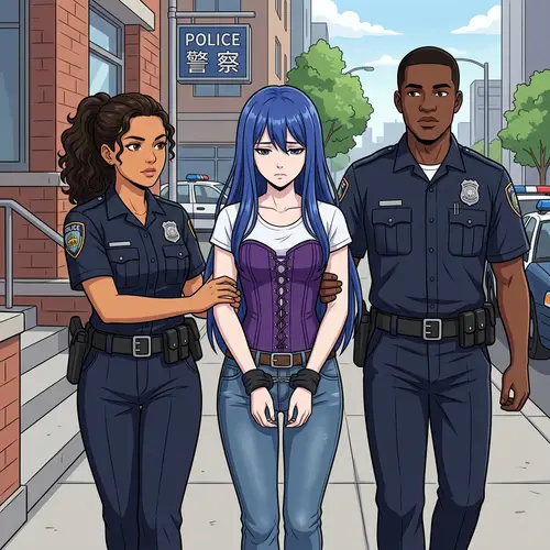 Anime Style Woman Arrested by Police - Blue Hair & Purple Corset