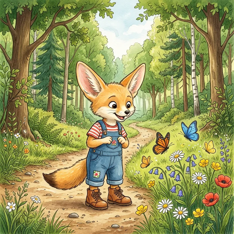 Young Female Fennec Fox in Dungarees | Woodland 2D Illustration Young Female Fennec Fox in Dungarees | Woodland 2D Illustration