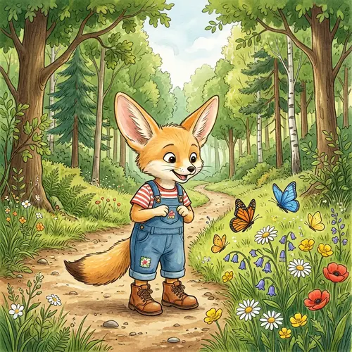 Young Female Fennec Fox in Dungarees | Forest Illustration