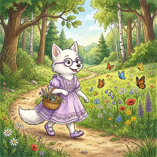 Young White Fox in Purple Dress Walking Through Enchanted Forest