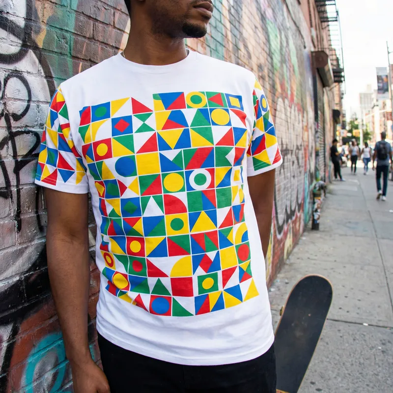 Vibrant Pop Art Geometric White T-Shirt Design