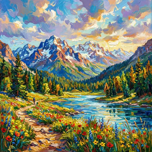 Impressionist Landscape Painting with Vibrant Colors and Light Effects
