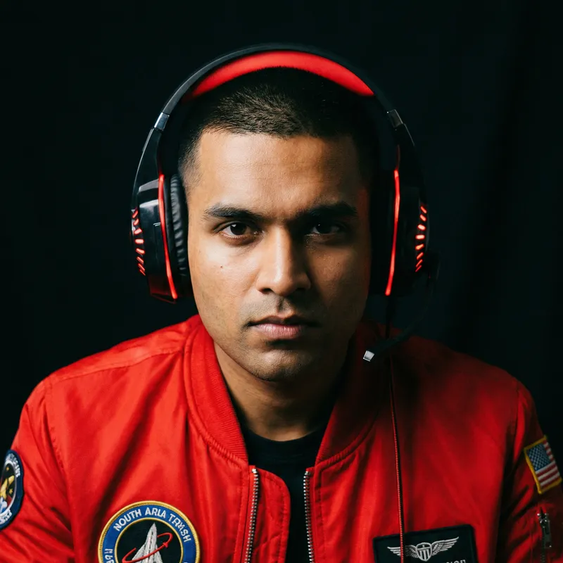 Determined South Asian Man | Black Buzz Cut Hair & Red Jacket