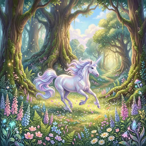 Mystical Forest Unicorn Galloping in Sunlit Clearing