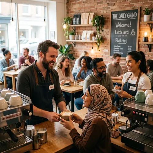 Cafe Interactions: Diverse Customers Engage with Welcoming Staff