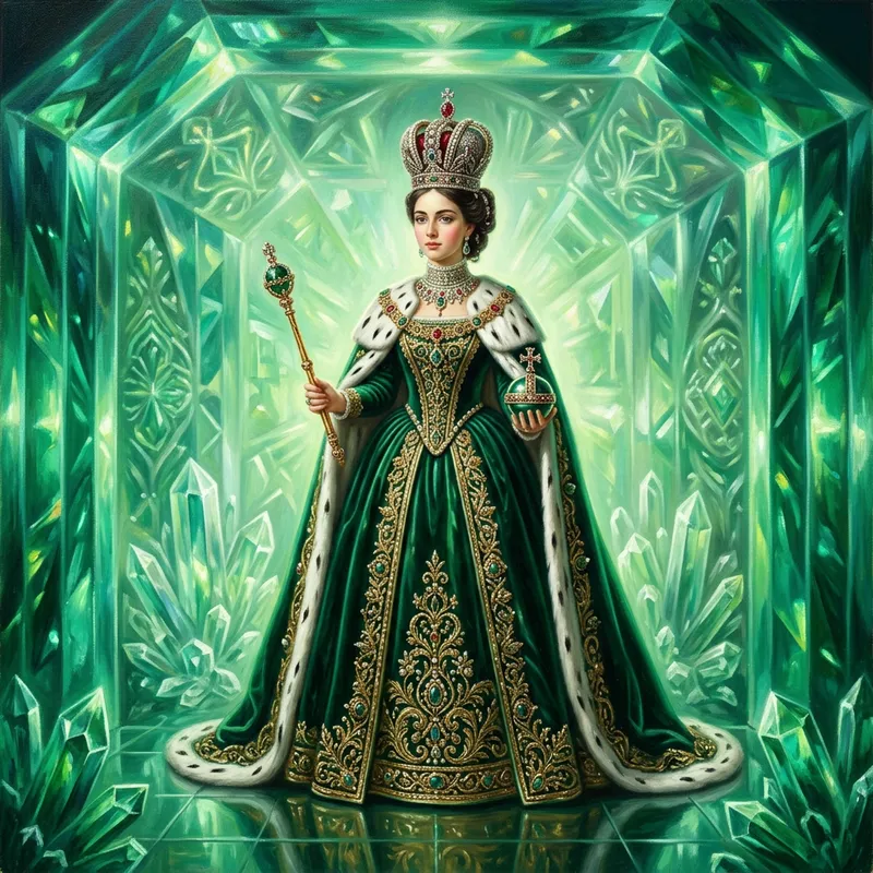 Young Queen in Emerald: Intricate Oil Painting