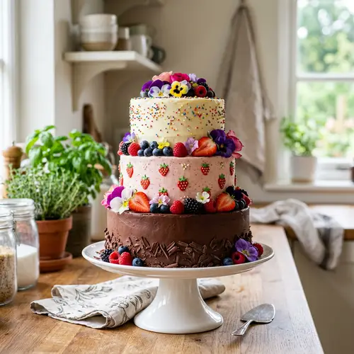 Delicious Three-Layer Cake with Chocolate, Strawberry & Vanilla Flavors