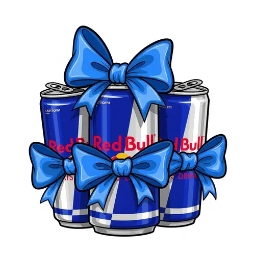 Cartoon Red Bull Energy Drink Cans with Blue Bow
