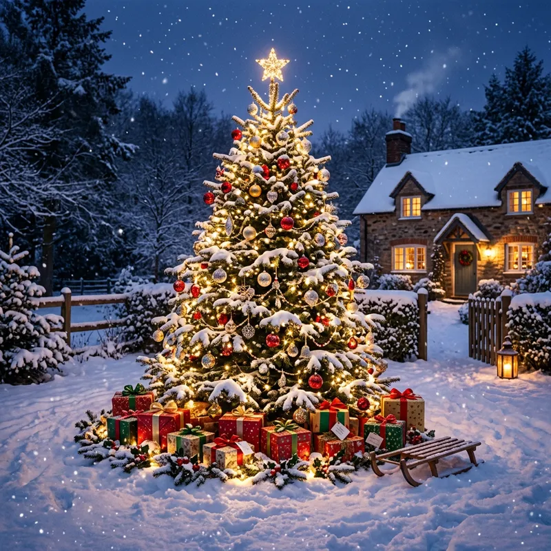Snowy Christmas Scene with Decorated Tree and Gifts