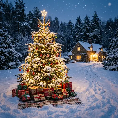 Snowy Christmas Scene with Decorated Fir Tree & Presents