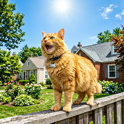 Majestic Orange Cat on Wooden Fence in Suburban Neighborhood