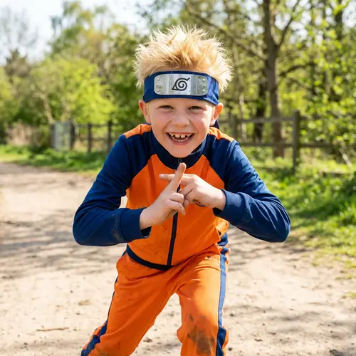 Energetic Boy in Bright Jumpsuit | Characteristic Hand Sign