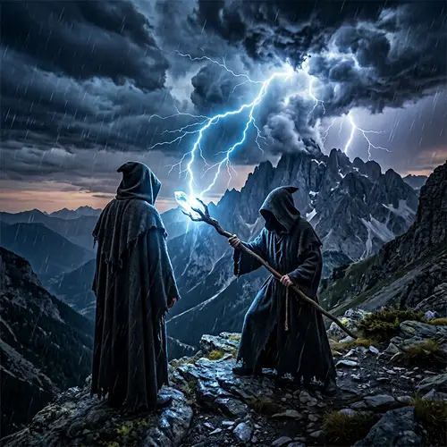 Mysterious Figure Wielding Glowing Staff Against Stormy Mountain