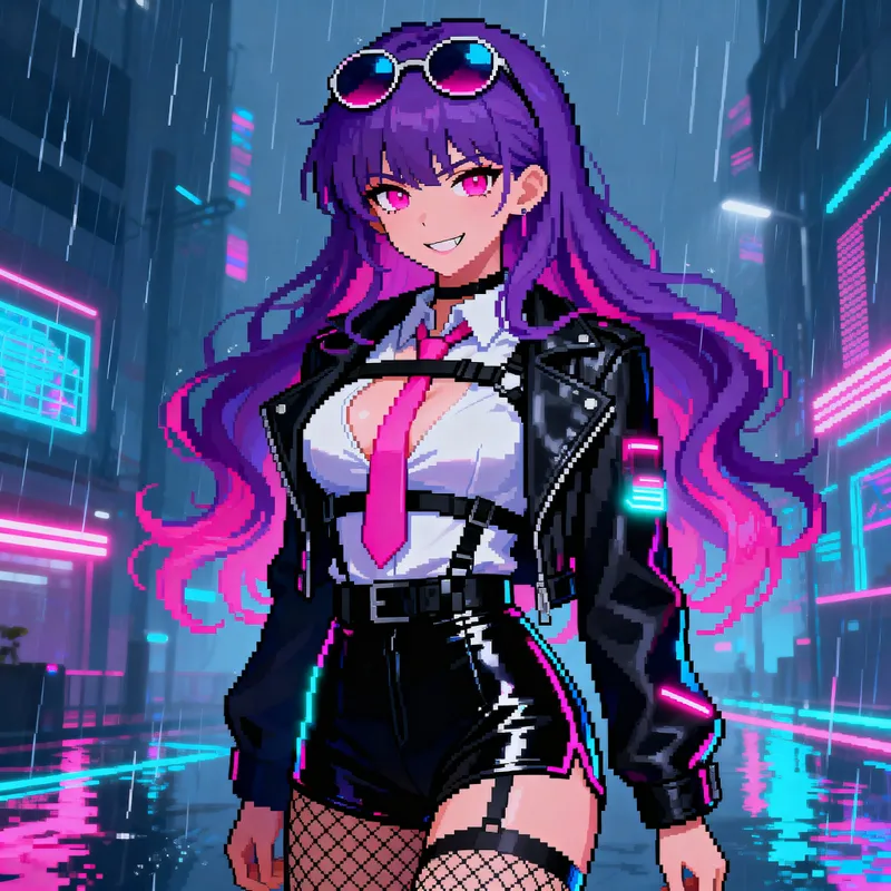 Cyberpunk Anime Girl Pixel Art - Vibrant Neon Style