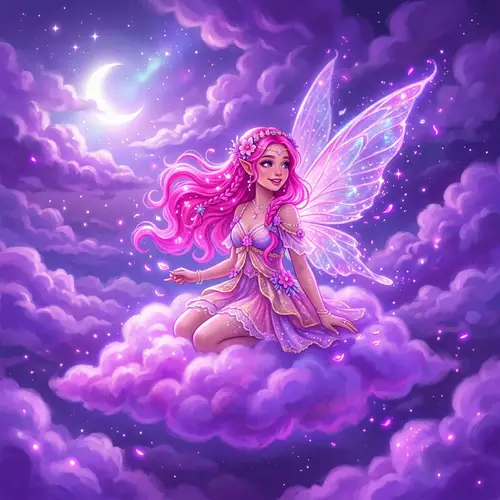 Pink-Haired Fairy on Purple Clouds: Ethereal and Enchanting