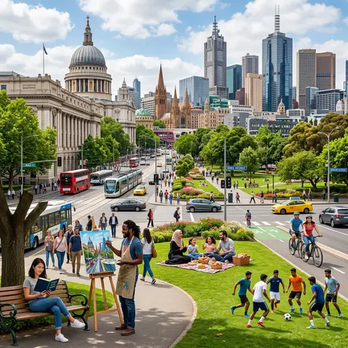 Vibrant Cityscape with Landmarks, Parks & Diverse Activities