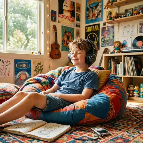 Young Boy Immersed in Music | Cozy Room Setting