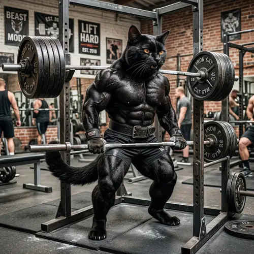 Muscular Black Cat Lifting Weights