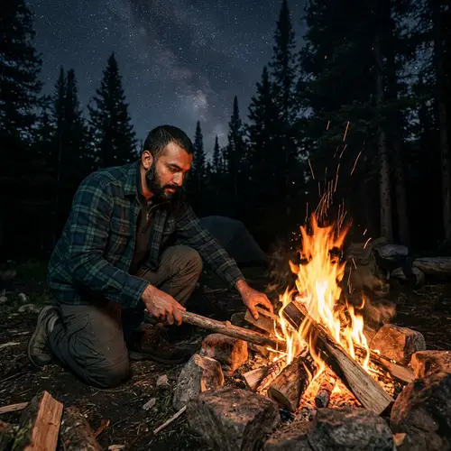 Skilled South Asian Man Tending Fire in Wilderness at Night