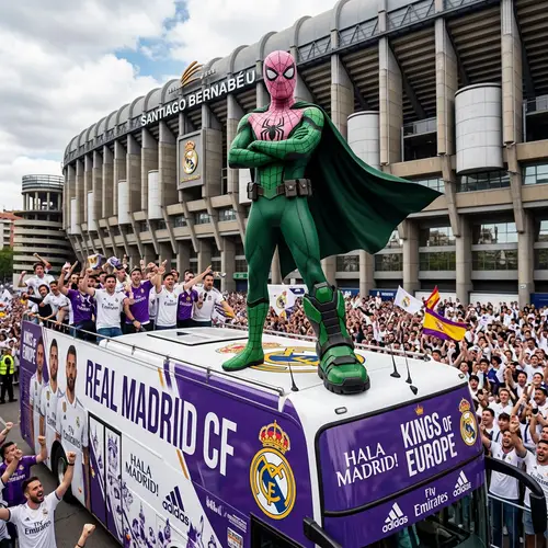 Unique Spider-Themed Superhero Stands on Football Team Bus