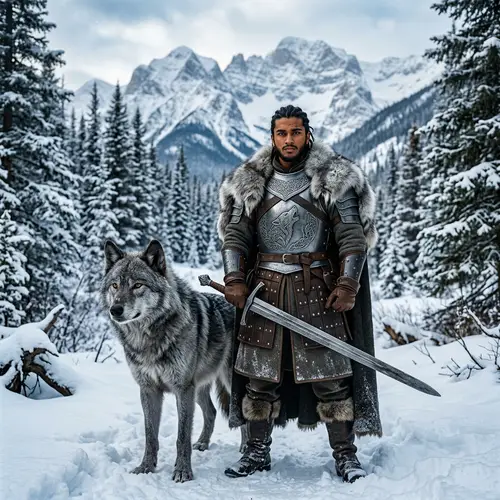 North Warrior: 17-Year-Old Male & Direwolf in Snowy Forest