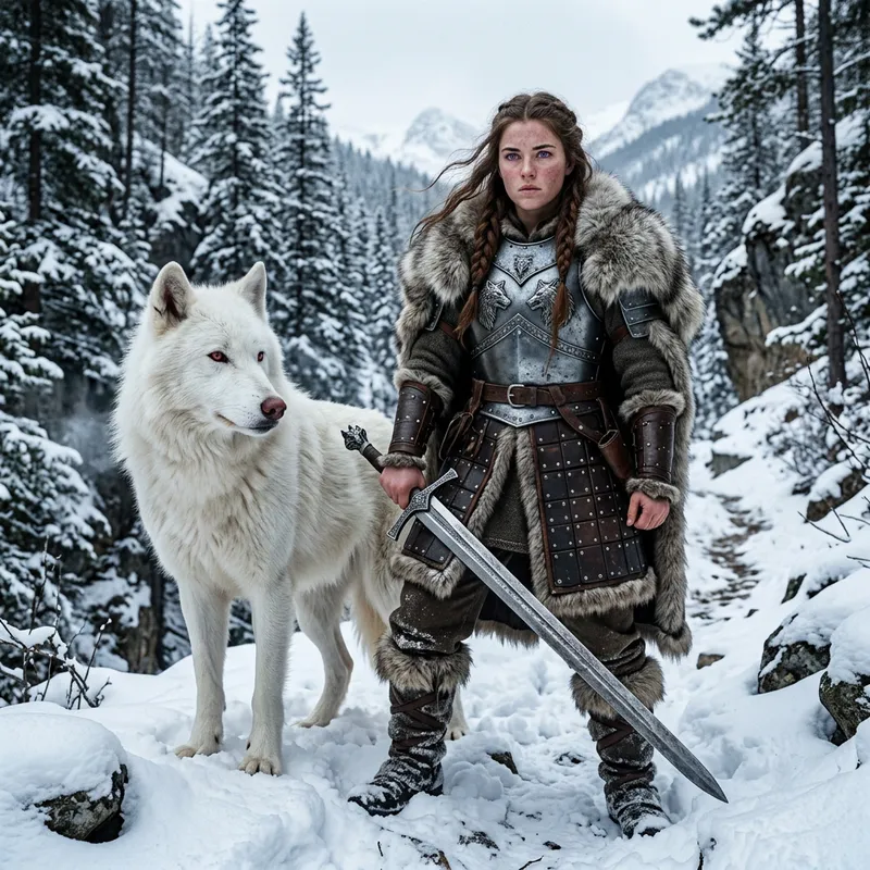 Young Female Northern Warrior in Snowy Mountain Forests with Albino Direwolf Young Female Northern Warrior in Snowy Mountain Forests with Albino Direwolf