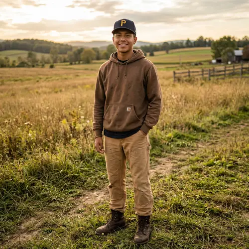 17-Year-Old Mexican Man in Work Boots and Hoodie