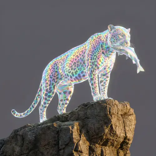 Mesmerizing Holographic Feline Holding Fresh Fish in 3D Form