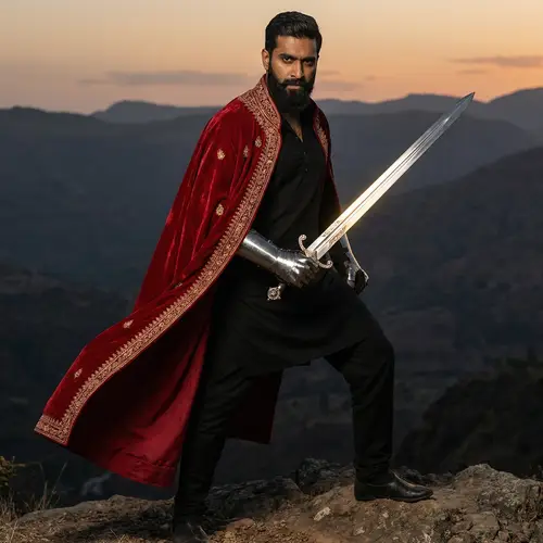 South Asian Man in Black Attire with Vibrant Red Coat and Sword