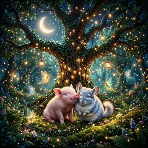 Enchanting Chinchilla and Piglet Love Under Ancient Tree