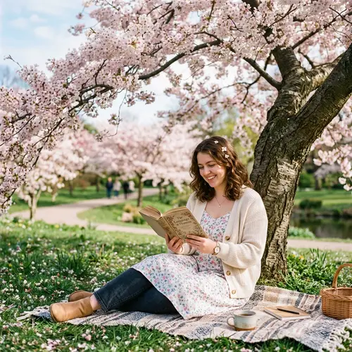 Beautiful Girl Under Cherry Blossoms Reading