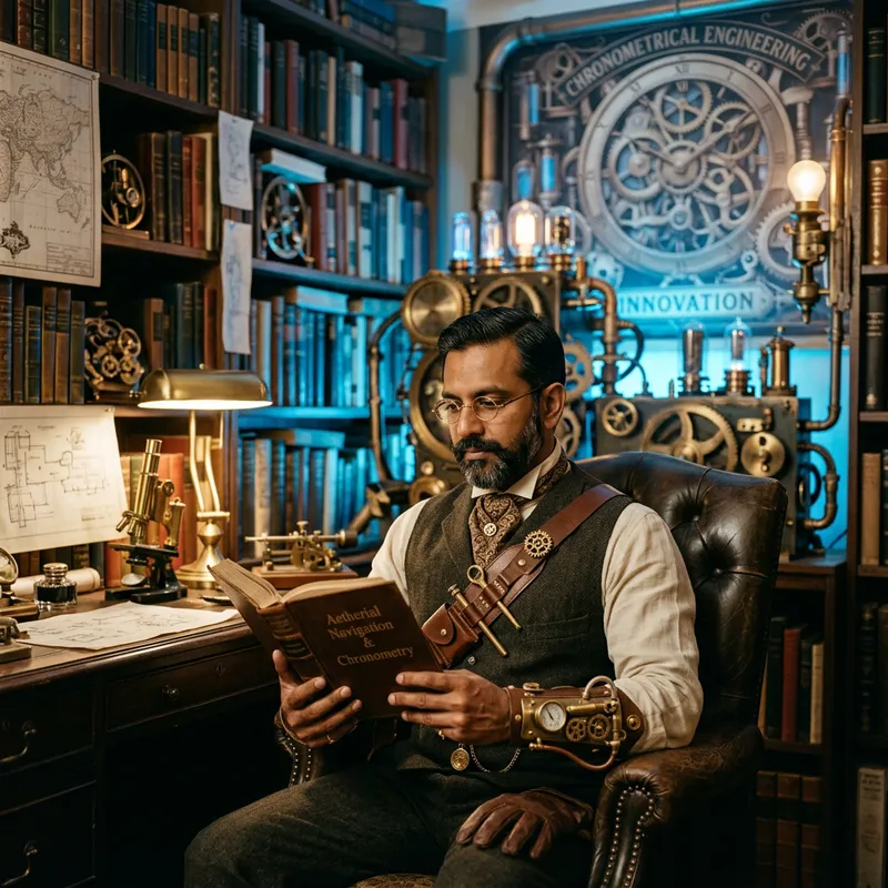 Steampunk Gentleman Surrounded by Vintage Books in Futuristic Office Setting