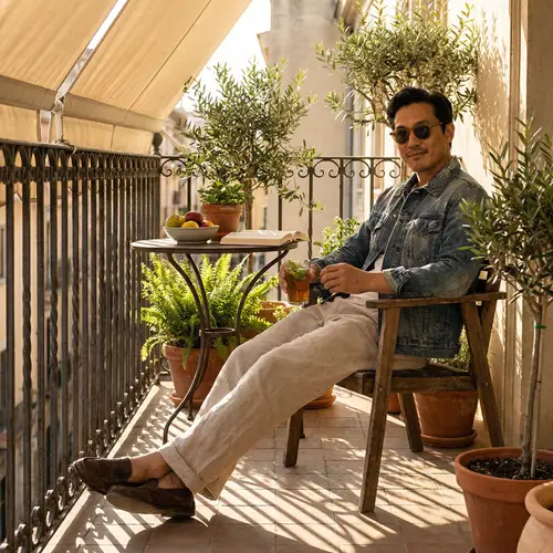 Serene Balcony Scene: Confident Asian Man Enjoying Sunlight