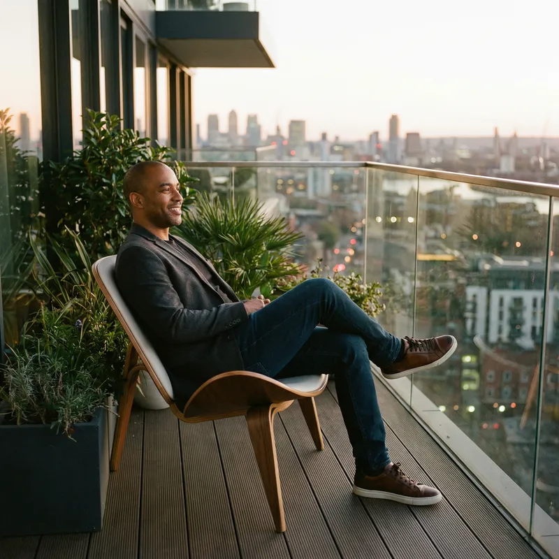 Stylish Modern Man Relaxing on Balcony | Cityscape View