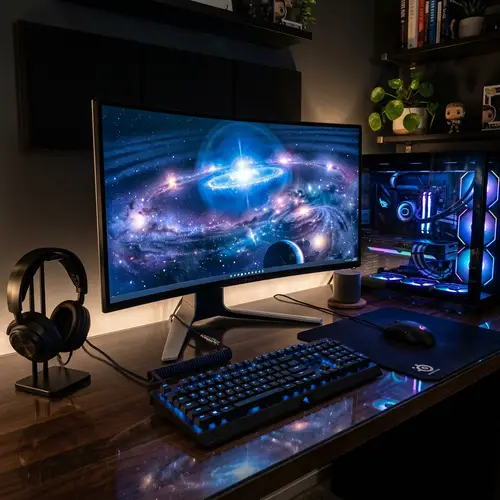 Modern Computer Setup with Galaxy Wallpaper | Desktop Accessories